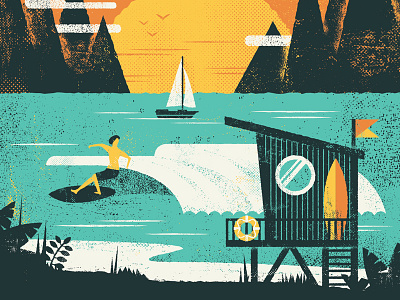 Tropical boat illustration mountains summer surf texture