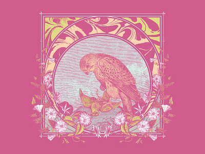 Bird of Prey eagle engraving flowers harter japan psychedelic woodcut