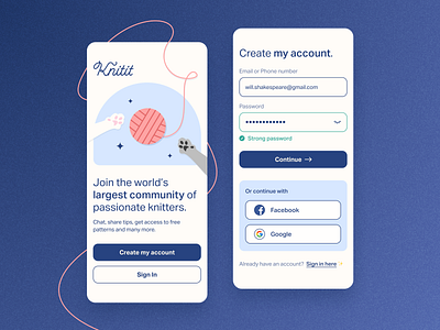 #DailyUI - 001 Sign Up - Knitting app 001 cats challenge concept daily ui dailyui knit knitit knitting pastel playful round sign up sign up page social app ui design wool yarn