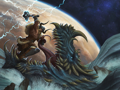 Amon Amarth Album remake amon amarth apocalypse barbarian conflict dragon epic fight fantasy illustration illustration art jormungandr procreate sea serpent thor thor ragnarok viking warrior