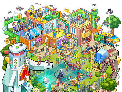 "Cats follow me" illustration isometric pixelart