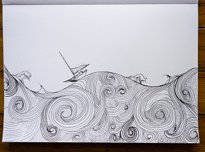 Under the Sea black and white boat drawn illustration lines nautical ocean ocean life palkev pen and ink sea sketchbook under the sea waves