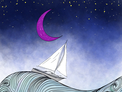 To The Sea digital art illustration line work lines night sky ocean palkev procreate purple purple moon sailboat sailboats sea stars whimsical