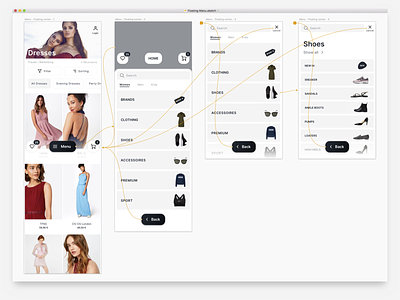 Floating Menu burger menu ecommerce fashion app prototype screenshot sketch ux design