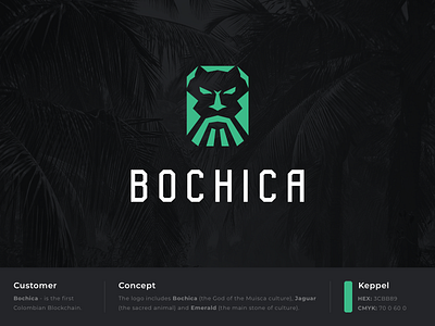 Bochica logo concept art blockchain brand branding colombia concept design emerald god green identity jaguar lettering lettermark logo logotype mark pictorialmark symbol vector