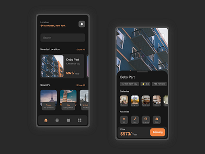 Booking Apartment Application adobexd apartment app booking branding clean dark ui darkmode details page elegant explore home hotel landingpage mobile app profile property simple trending villa