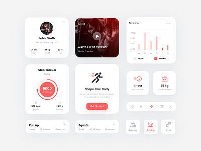 Fitness Cards UI Kit card cards cards ui design excercise figma fitness fitness app free freebie gym icon red ui ux web web development web development comapny website white