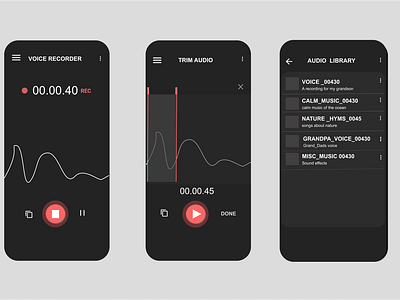 Sound/Voice Recorder in Dark Mode app design appredesign audio audio app branding dark ui darkmode design mobile mockup music app soundrecorder ui uidesign uxdesign voicerecorder wireframe