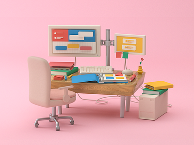 Remote work concept 3d c4d desk icon illustration octane remote work render set up