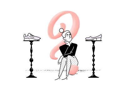 Squatting Thinker choosing dress editorial editorial illustration pondering running shoes thinking viktor woman