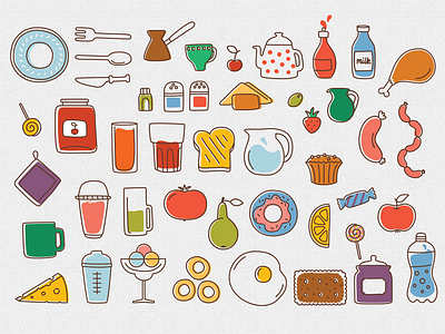 Illustrations for Kitchen game berry bottle bread candy food fruit game ice cream illustration kids kitchen meat outline tablewear water