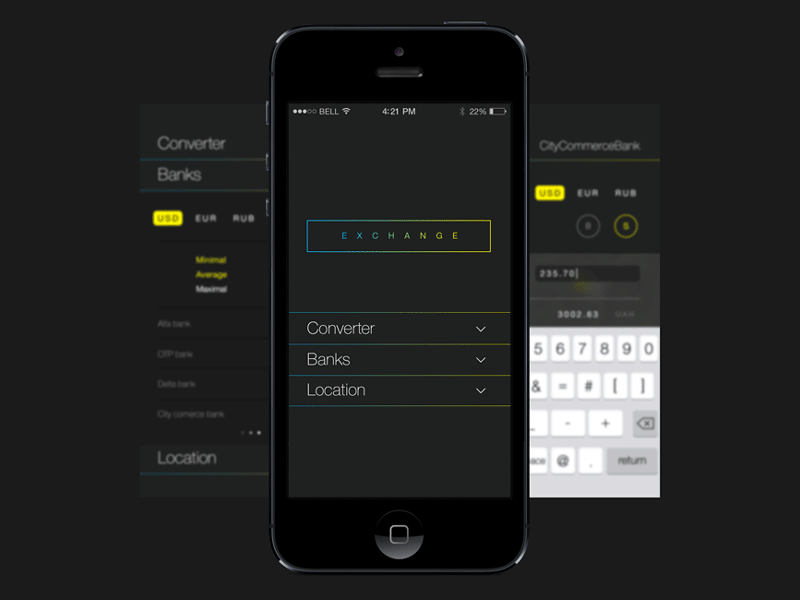 Exchange iOS App animation app black clean interactive interface ios iphone simple uix web