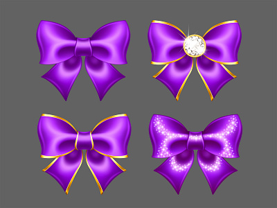 Realistic purple bows with golden border accessory border bow crystal decor design gem glitter gold gradient mesh purple realistic ribbon vector violet