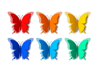 Six colored paper butterflies with radial halftone and shadows