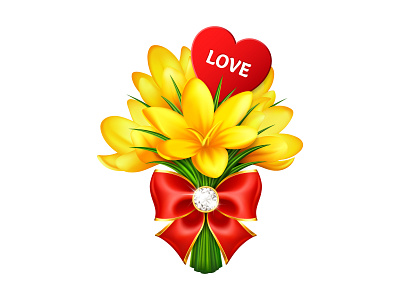 Spring flowers crocuses with bow and heart love flower gem gradient mesh heart illustration illustrator love realistic red spring valentine vector yellow