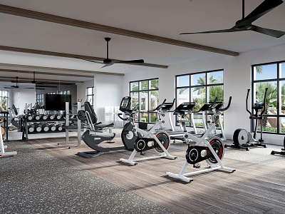 Fitness / Gym 3D Rendering (Alister Boca Raton) 3d architecture fitness fitness center gym interior overlooking pool rendering resort