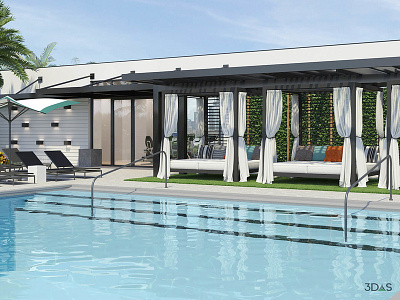 Miami Pool Area 3d Rendering 3d architecture cabanas pool rendering resort