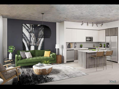 Miami Apartment 3D Rendering (Living & Kitchen Area) 3d apartment florida kitchen living miami rendering