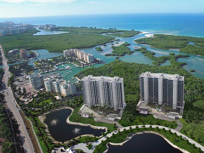 Aerial 3D Rendering: Two Towers Overlooking Gulf of Mexico 3d aerial drone florida gulf of mexico naples rendering