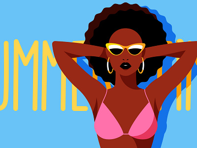 Beautiful black woman in the pink bikini and sunglasses
