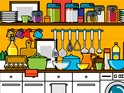 Kitchen 2d interior kitchen kitchenware tools vector