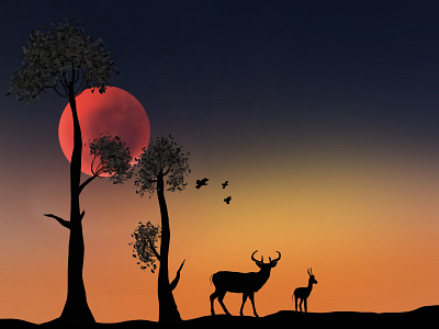 Sunset or sunrise confused!! artist birds deer illustration design digital illustration digitalart dribbble best shot dribbleartist evening illustration mornings nest shades sunrise sunset trees