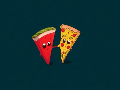 Cheesy Interactions adobe illustrator art character colourful colours communication conceptual art creative design fantasy food graphic design illustration imaginative pizza vector watermelon