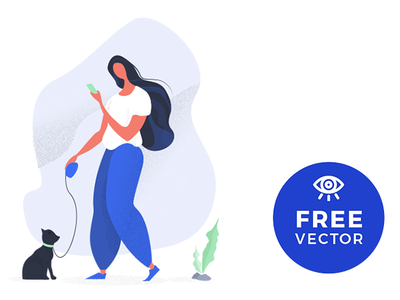 Illustration Girl Walking A Cat / Free Vector