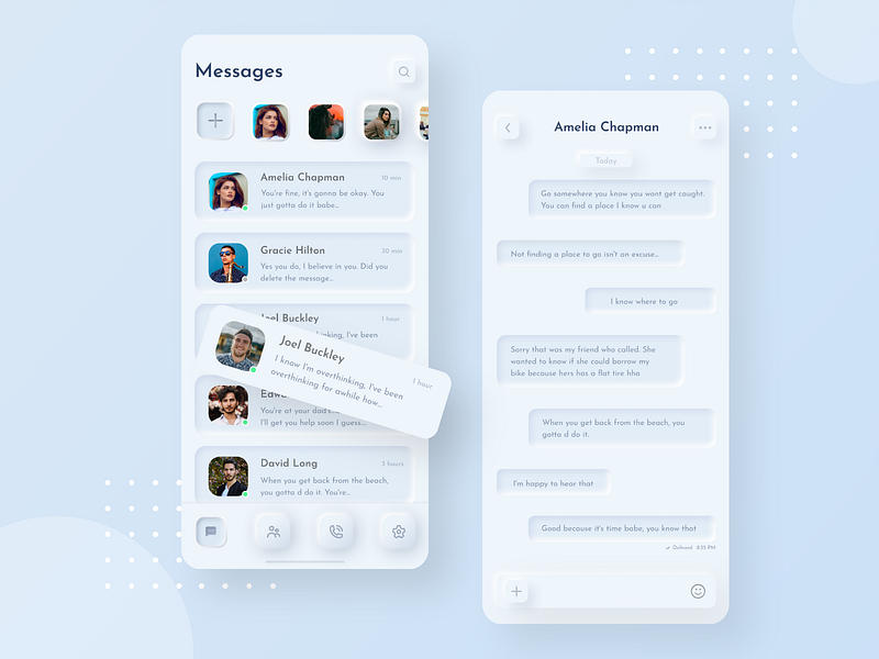 Neumorphism Messenger App by Koyes Ahmed for UI Deft on Dribbble