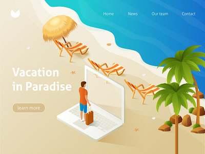 Tropical beach, lounge chair. Isometric illustration banner beach flat holiday illustration isometric isometric design jungle landing page leaf palm sea summer sun travel tropic tropical vacation vector website