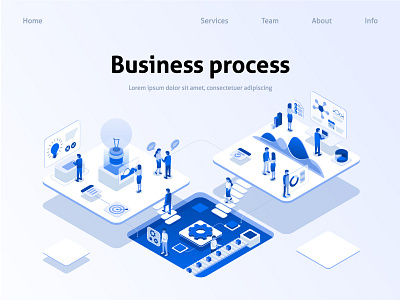 Business process analysis analytic banner brainstorm business code communication company flat idea illustration infographics isometric marketing process team ui ux vector web