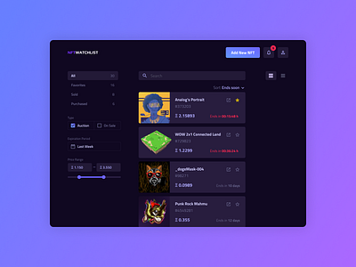NFT Watchlist bitcoin blockchain crypto crypto exchange cryptocurrency dark ui design desktop app ethereum minimal nft nfts ui ux