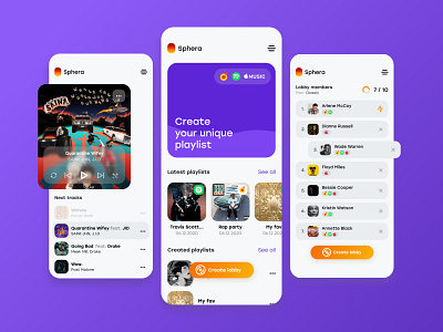 Sphera music app applemusic clean design drake lobby mobile music music app music app ui music player party playlist spotify travis scott ui ux