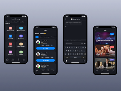 Life Coach App - Dark Mode app app design chat clean coach dark dark blue dark ui darkmode design expert interface lifecoach messages mobile app mobile app design ui ux