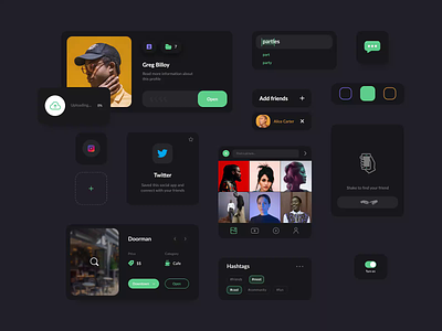 Animated UI Components For Social Platform app black white branding components dashboard elements media kit minimal mobile platform social social app ui ui kit