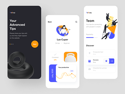 YABUSY Mobile App app branding chart checklist clean color community design discover illustration illustrations mobile mobile app splashscreen steps task team teamwork ui ux