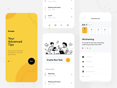 Busy App afterglow app clean color design illustration managment minimal mobile mobile app planning task ui ux yellow