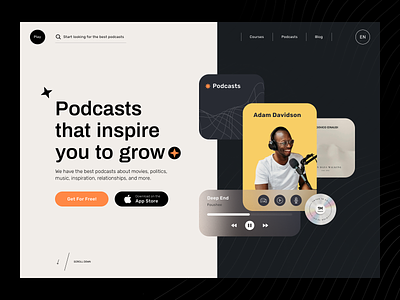 Website for podcasts black homepage landing music playlist podcasts product design web website