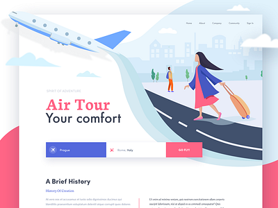 Airlines - Landing page afterglow air airlines airport colorful girl hiwow illustrations landing luggage plane travel trip ui waves website