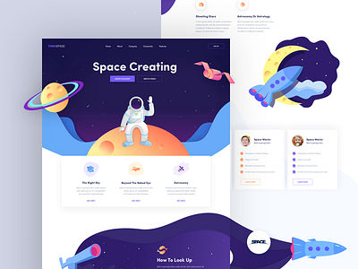 ThruSpace Landing astronaut colorful hiwow illustration illustrations landing moon planet saturn space spaceship star ui waves website