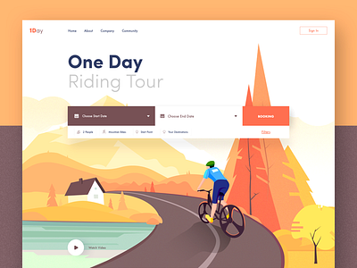 One Day Tour afterglow autumn bike bike ride booking bycicle illustration landing orange riding tours travel travel agency travel agent travel illustration travellers travelling ui website yellow