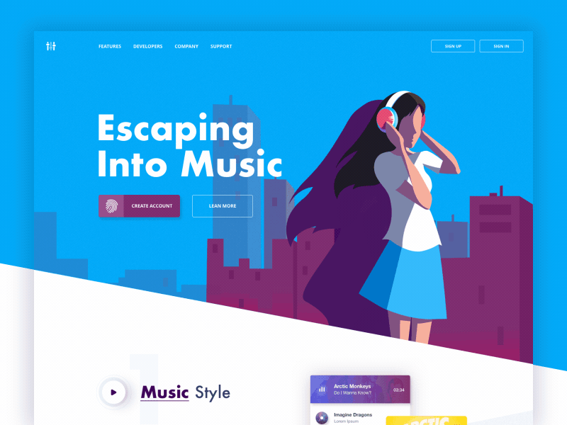 Escaping Into Music afterglow blue clean headphones homepage landing music ui