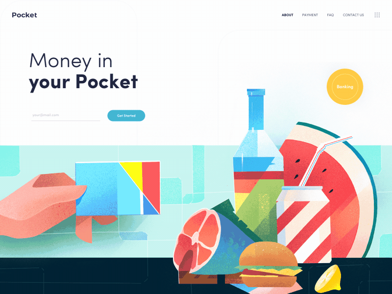 Pocket Bank Site afterglow bank bank app card clean food geometric illustration landing ui website