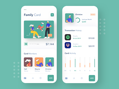 Family Credit Card afterglow app bank bank account banking clean credit card dashboard app money money app payment app transactions ui wallet wallet app
