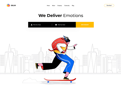 Delir Homepage afterglow animation clean colors contrast delivery homepage illustration skater urban web design