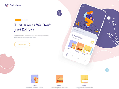 Landing Page - Delicious afterglow animation app branding clean delivery food food app home page homepage homepage design illustration illustrations minimal mobile pattern patterns service service app web design