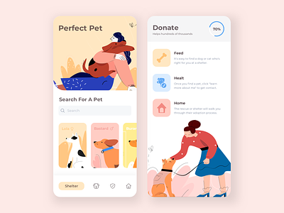 Mobile App - Pet Shelter animals app clean dogs family illustration mobile app pet shelter pets ui