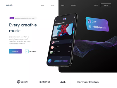 Music - Landing Page animation app clean commercial landing mobile mobile app music music app songs ui