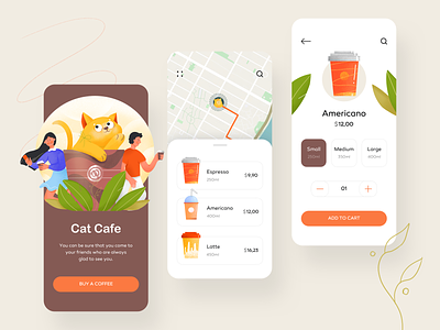 Cat Cafe Mobile App app booking cafe cat clean coffe illustration mobile mobile app restaraunt