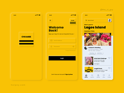 Owambe UI Design event app skeumorphism skeuomorph ui ui design uiux yellow